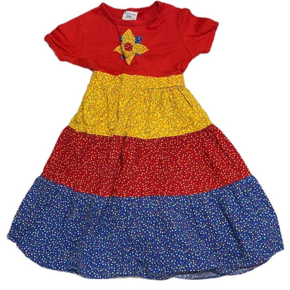 VIntage 1960's Cinderella Girls Dress Tiered Floral Print Size 7 Red Yellow Blue